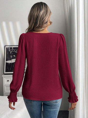LUNE 1pc Casual Round Neck Solid Color Lantern Sleeve Blouse, Autumn
