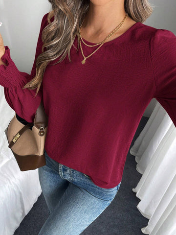 LUNE 1pc Casual Round Neck Solid Color Lantern Sleeve Blouse, Autumn