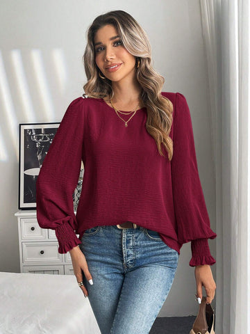 LUNE 1pc Casual Round Neck Solid Color Lantern Sleeve Blouse, Autumn