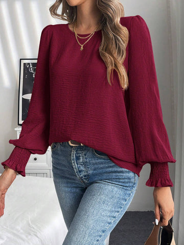 LUNE 1pc Casual Round Neck Solid Color Lantern Sleeve Blouse, Autumn