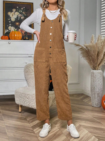 1pc Dual Pocket Button Front Corduroy Overall Jumpsuit