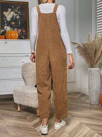 1pc Dual Pocket Button Front Corduroy Overall Jumpsuit