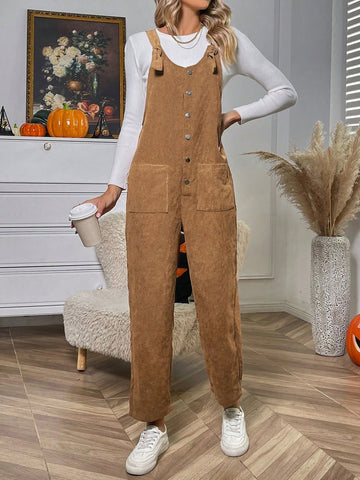 1pc Dual Pocket Button Front Corduroy Overall Jumpsuit