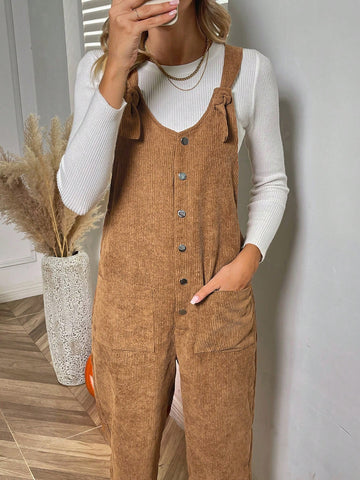 1pc Dual Pocket Button Front Corduroy Overall Jumpsuit