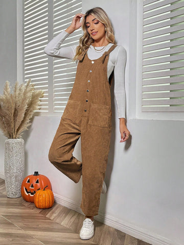 1pc Dual Pocket Button Front Corduroy Overall Jumpsuit