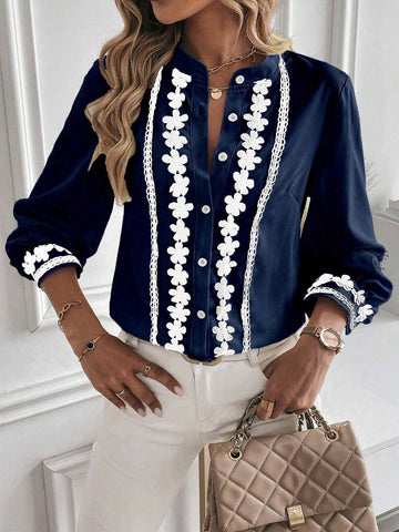 LUNE 1pc Elegant Long Sleeve Shirt With V-Neck, Front Button And Lace Patchwork Details