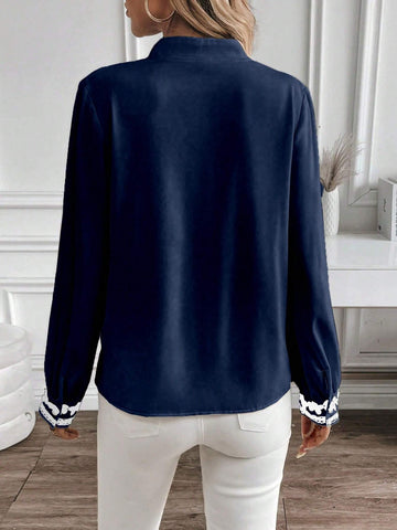 LUNE 1pc Elegant Long Sleeve Shirt With V-Neck, Front Button And Lace Patchwork Details