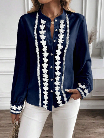 LUNE 1pc Elegant Long Sleeve Shirt With V-Neck, Front Button And Lace Patchwork Details