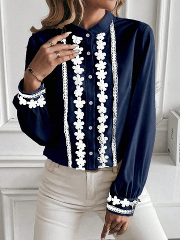 LUNE 1pc Elegant Long Sleeve Shirt With V-Neck, Front Button And Lace Patchwork Details