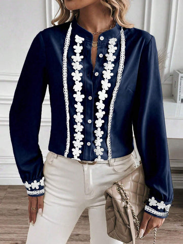 LUNE 1pc Elegant Long Sleeve Shirt With V-Neck, Front Button And Lace Patchwork Details