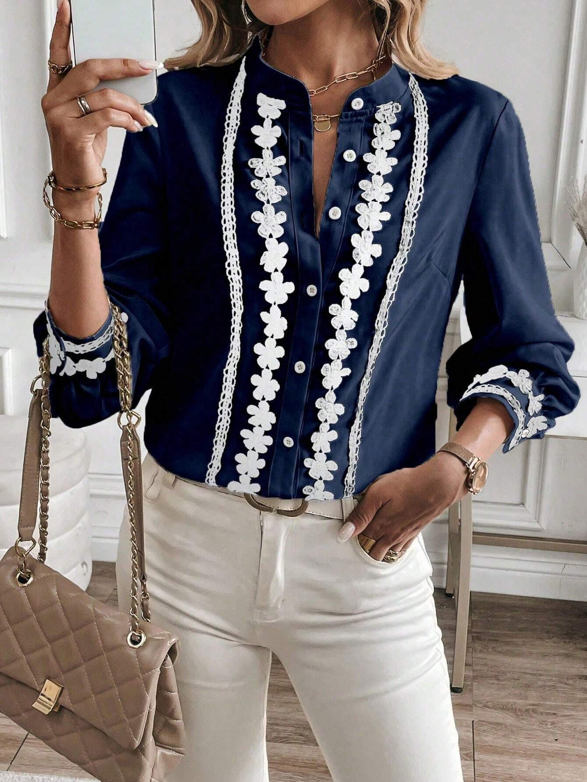 LUNE 1pc Elegant Long Sleeve Shirt With V-Neck, Front Button And Lace Patchwork Details