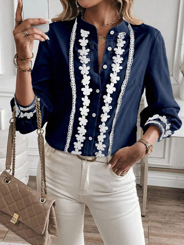 LUNE 1pc Elegant Long Sleeve Shirt With V-Neck, Front Button And Lace Patchwork Details
