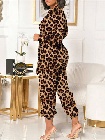 1pc Fashionable Leopard Pattern Wrap Front Ruched Collar Jumpsuit, Spring & Autumn