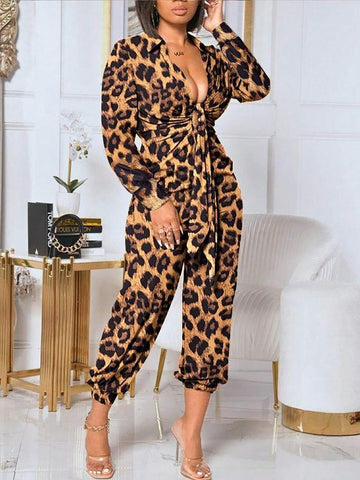 1pc Fashionable Leopard Pattern Wrap Front Ruched Collar Jumpsuit, Spring & Autumn