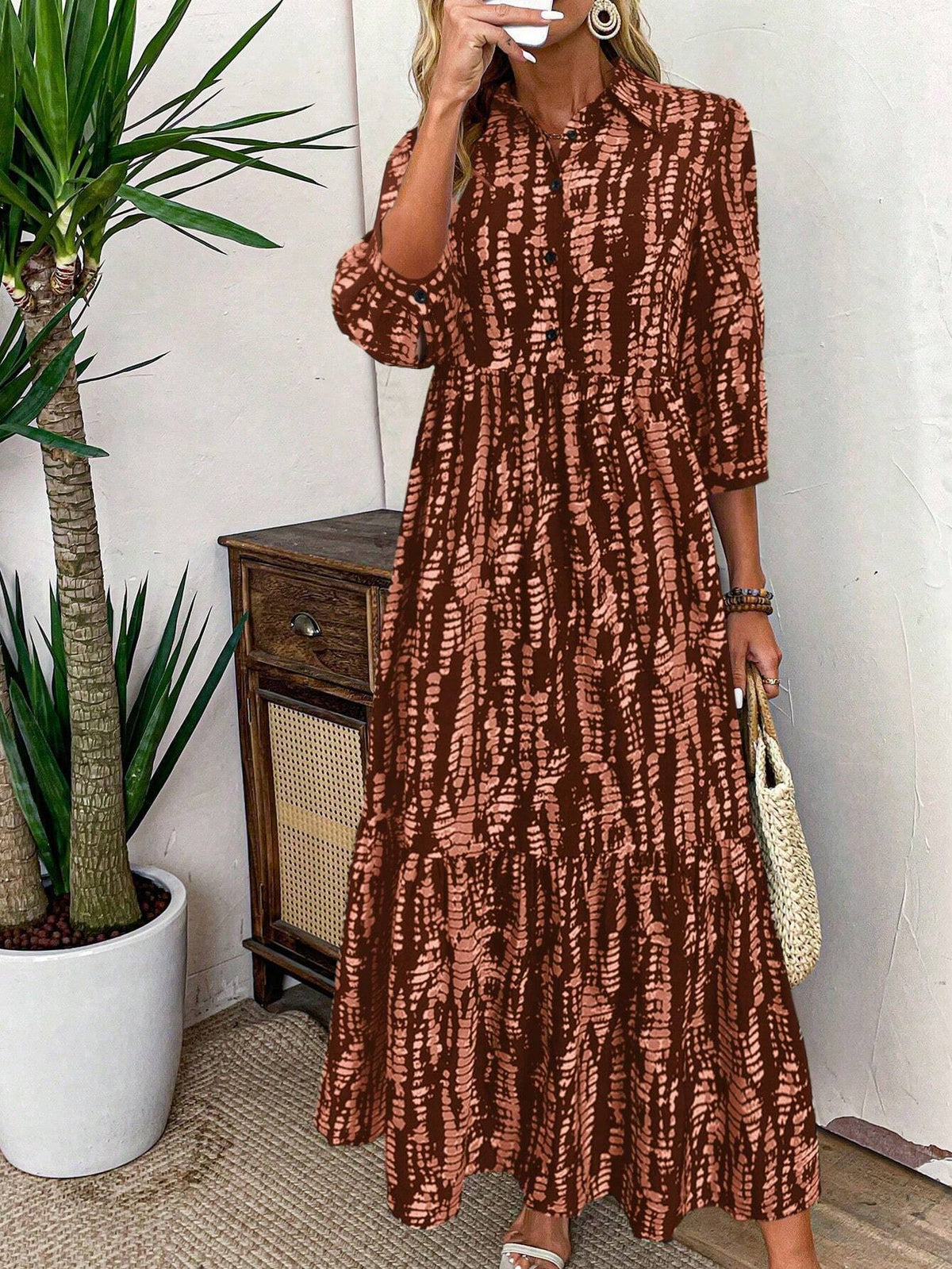 1pc Women Casual Elegant Random Print Long Sleeve Loose Dress, Autumn