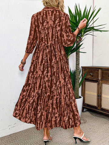 1pc Women Casual Elegant Random Print Long Sleeve Loose Dress, Autumn