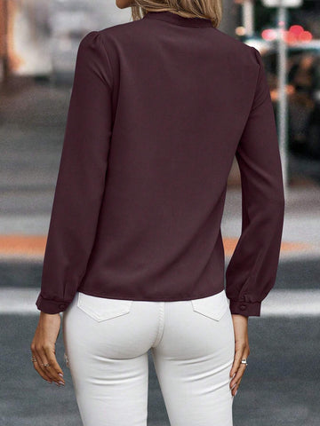 LUNE 1pc Women Casual Solid Color Lantern Sleeve Tie Collar Blouse, Autumn