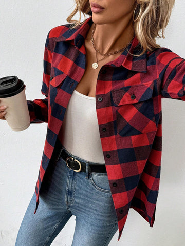 LUNE 1pc Women Plaid Pocket Buttoned Long Sleeve Shirt