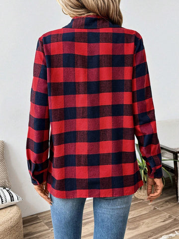 LUNE 1pc Women Plaid Pocket Buttoned Long Sleeve Shirt