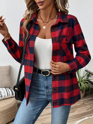 LUNE 1pc Women Plaid Pocket Buttoned Long Sleeve Shirt