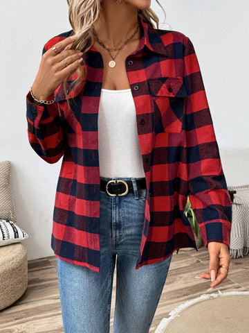 LUNE 1pc Women Plaid Pocket Buttoned Long Sleeve Shirt
