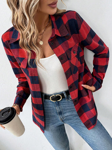 LUNE 1pc Women Plaid Pocket Buttoned Long Sleeve Shirt
