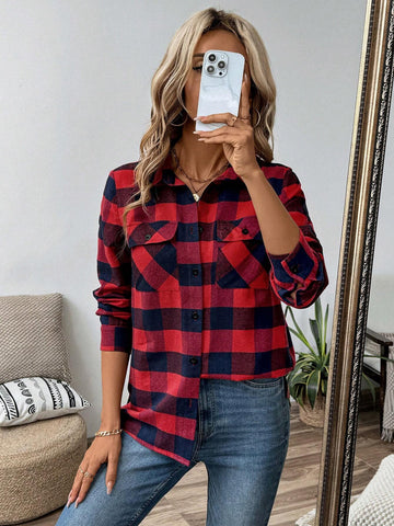 LUNE 1pc Women Plaid Pocket Buttoned Long Sleeve Shirt