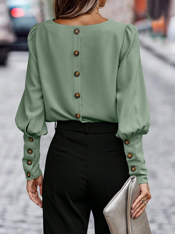 LUNE 1pc Women Plain Color Back Button Design Gigot Sleeve Elegant Shirt