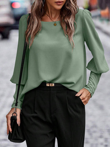 LUNE 1pc Women Plain Color Back Button Design Gigot Sleeve Elegant Shirt