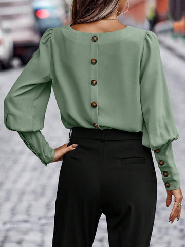 LUNE 1pc Women Plain Color Back Button Design Gigot Sleeve Elegant Shirt