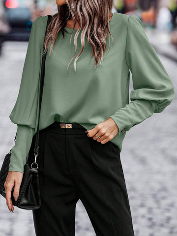 LUNE 1pc Women Plain Color Back Button Design Gigot Sleeve Elegant Shirt