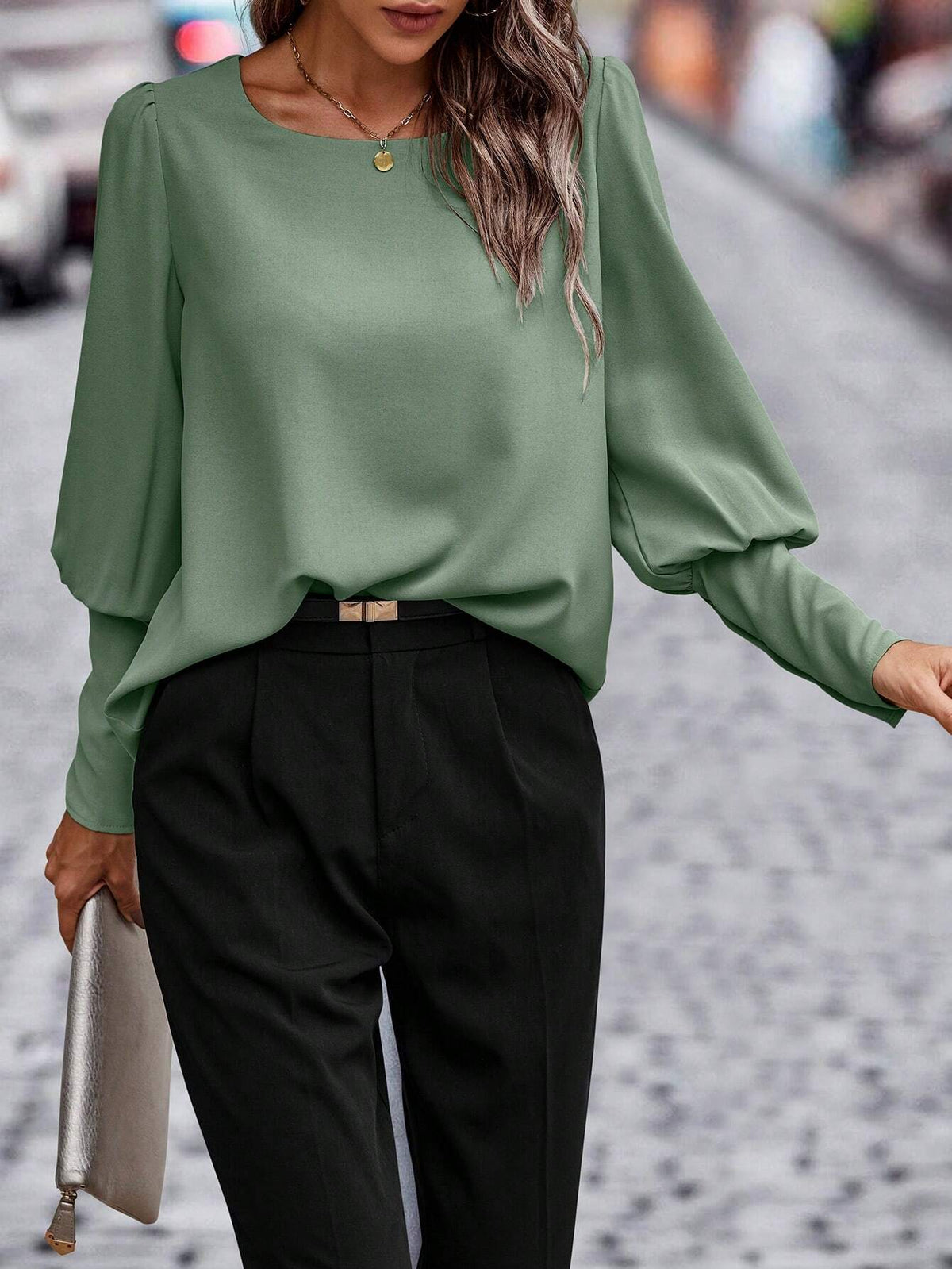 LUNE 1pc Women Plain Color Back Button Design Gigot Sleeve Elegant Shirt