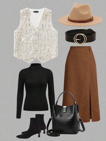 LUNE 1pc Women Sleeveless Sequined Tweed Shirt