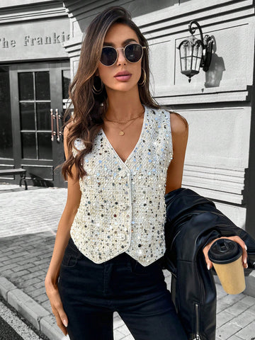 LUNE 1pc Women Sleeveless Sequined Tweed Shirt