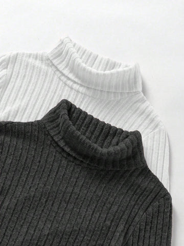 1pc Women Solid Color Rib-Knit Turtleneck Long Sleeve Bodysuit