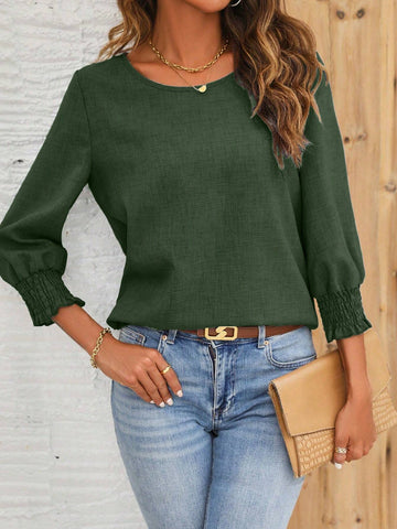 LUNE 1pc Women Solid Color Round Neck Loose Casual Long Sleeve Shirt, Autumn