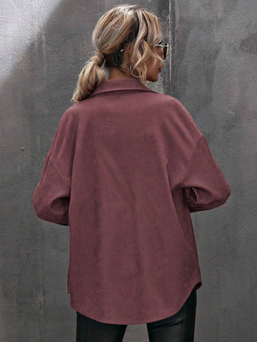 LUNE 1pc Women Solid Color Single-Breasted Chest Pocket Long Sleeve Shirt, Fit For Autumn