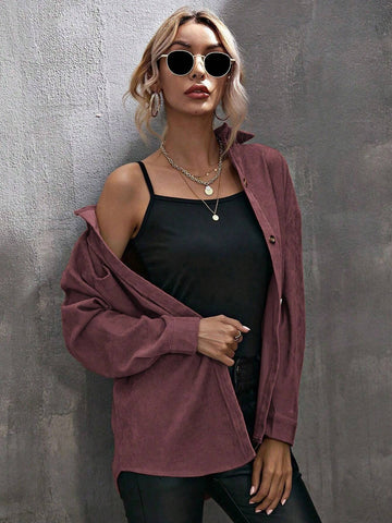 LUNE 1pc Women Solid Color Single-Breasted Chest Pocket Long Sleeve Shirt, Fit For Autumn