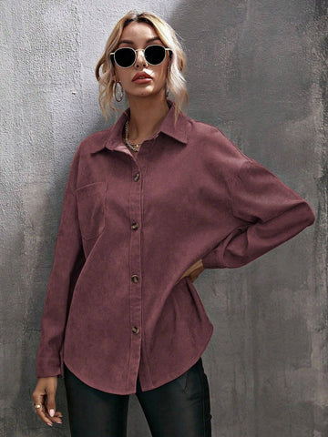 LUNE 1pc Women Solid Color Single-Breasted Chest Pocket Long Sleeve Shirt, Fit For Autumn