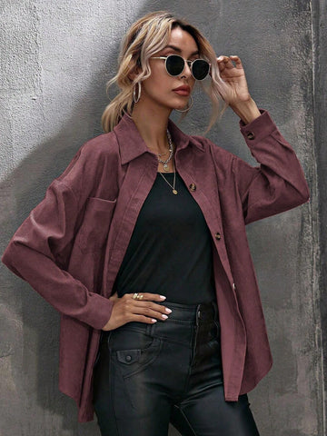 LUNE 1pc Women Solid Color Single-Breasted Chest Pocket Long Sleeve Shirt, Fit For Autumn