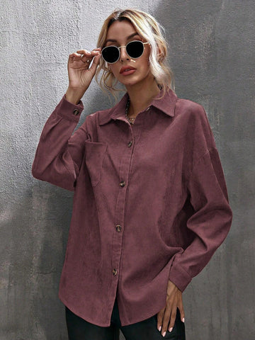 LUNE 1pc Women Solid Color Single-Breasted Chest Pocket Long Sleeve Shirt, Fit For Autumn