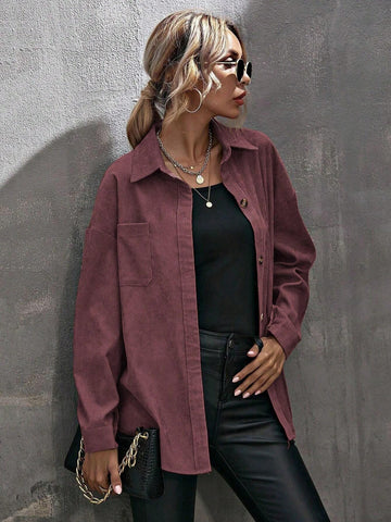 LUNE 1pc Women Solid Color Single-Breasted Chest Pocket Long Sleeve Shirt, Fit For Autumn