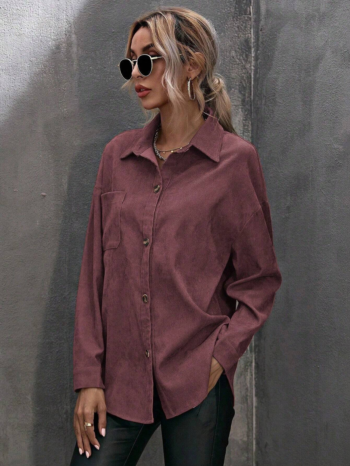 LUNE 1pc Women Solid Color Single-Breasted Chest Pocket Long Sleeve Shirt, Fit For Autumn