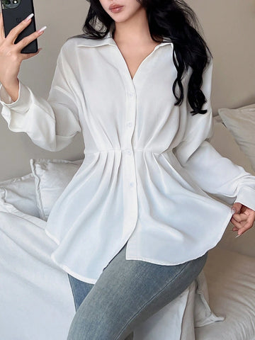 LUNE 1pc Women White Ruched Waist Button Front Casual Long Sleeve Shirt