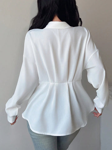 LUNE 1pc Women White Ruched Waist Button Front Casual Long Sleeve Shirt