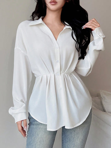 LUNE 1pc Women White Ruched Waist Button Front Casual Long Sleeve Shirt
