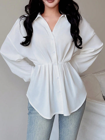 LUNE 1pc Women White Ruched Waist Button Front Casual Long Sleeve Shirt