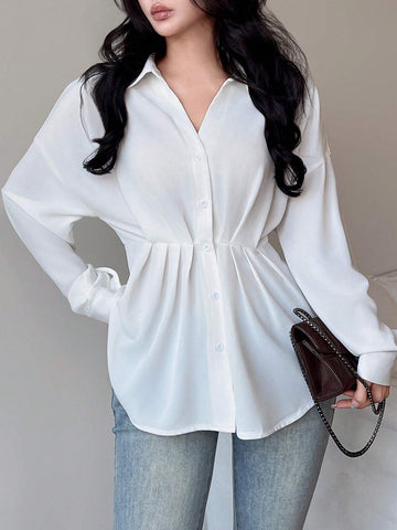 LUNE 1pc Women White Ruched Waist Button Front Casual Long Sleeve Shirt