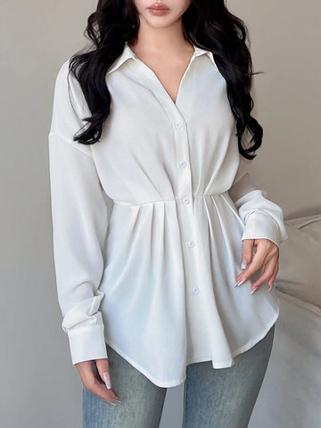 LUNE 1pc Women White Ruched Waist Button Front Casual Long Sleeve Shirt