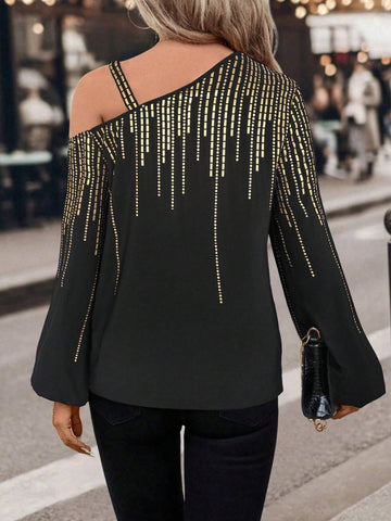 LUNE 1pc Women's Autumn Foil Print Asymmetrical Neck Lantern Sleeve Elegant Blouse